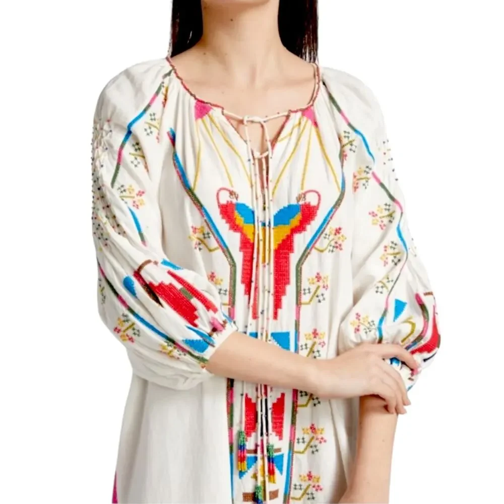 FARM RIO Macaw Embroidered Beaded Maxi Dress Caftan Tapestry Ethereal Wedding - Picture 2 of 15